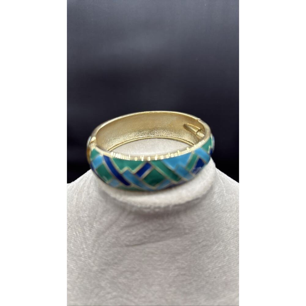 Original by Robert Vintage Blue Green Enamel Gold Tone Hinged Bangle Bracelet